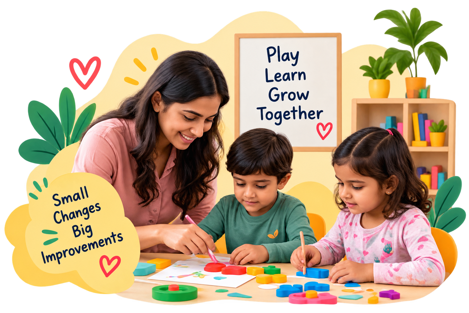 Teacher helping children with a learning activity — Play, Learn, Grow Together