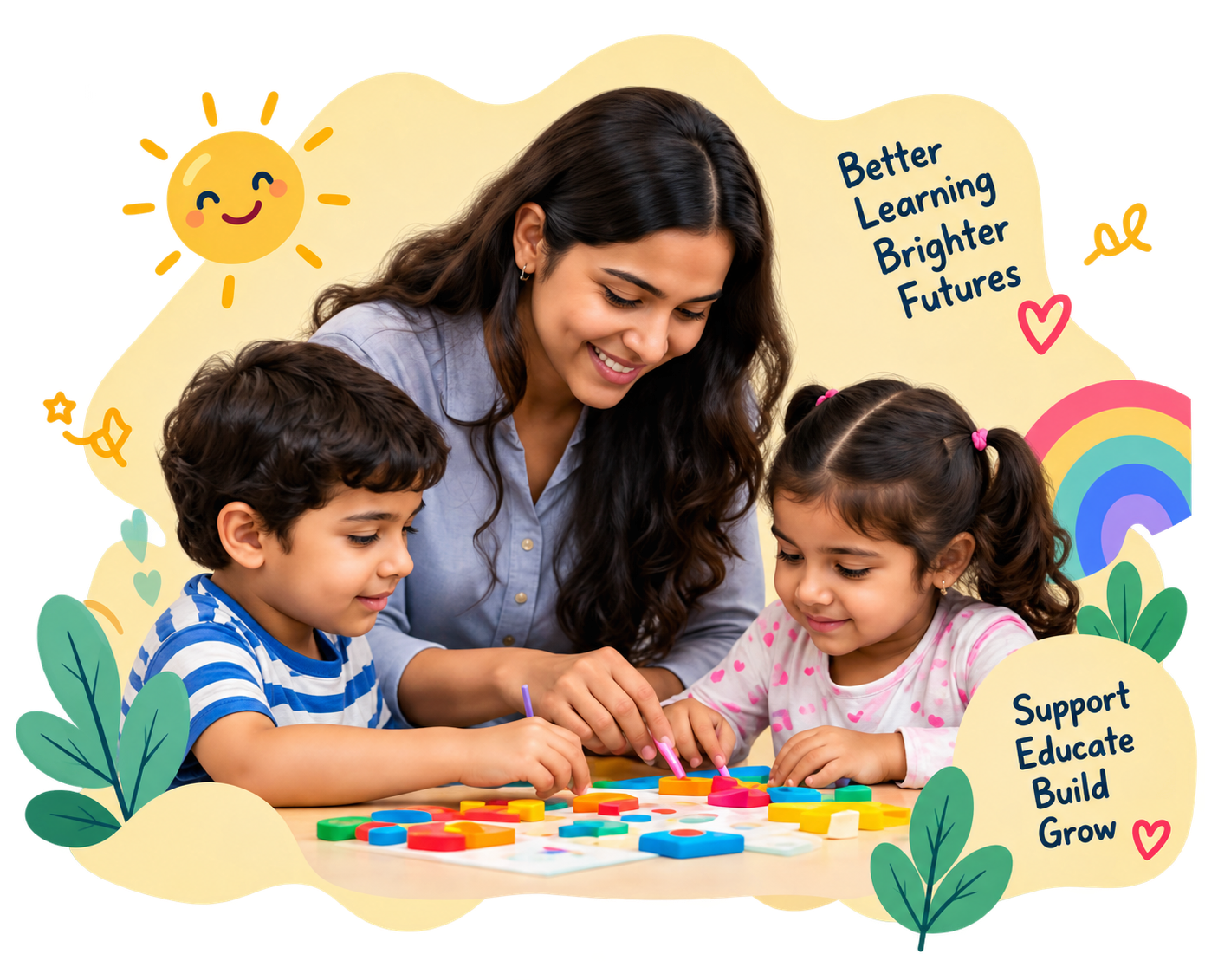 A teacher helping two children with a colorful learning activity